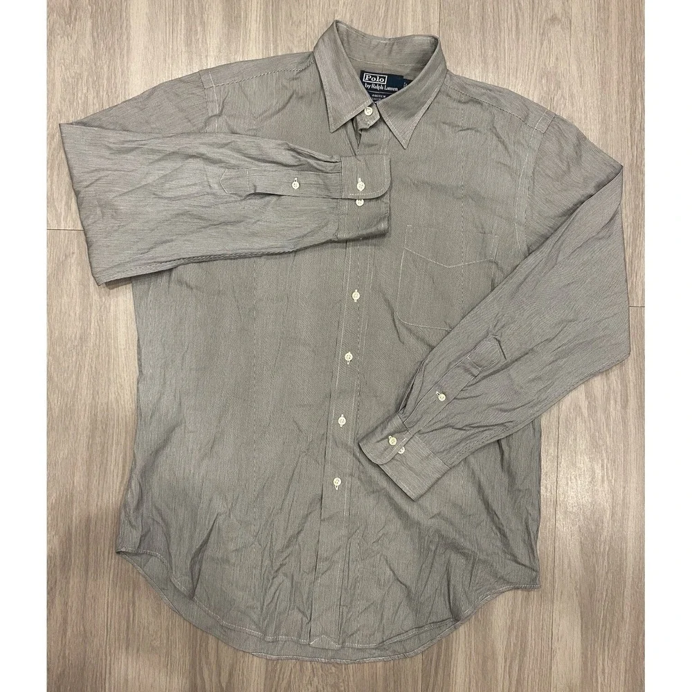 Polo by Ralph Lauren Shirt Mens VTG 16 34/35 Gray Striped Andrew Classic Fit‎